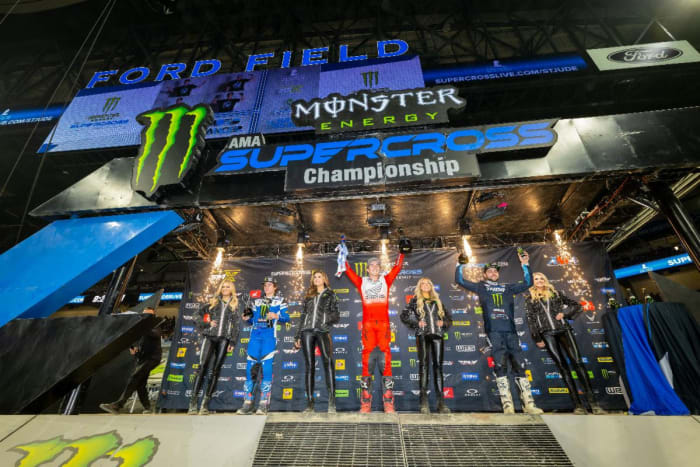 250SX Class podium (racers left to right) Haiden Deegan, Hunter Lawrence, and Nate Thrasher. Photo Credit: Feld Motor Sports, Inc.